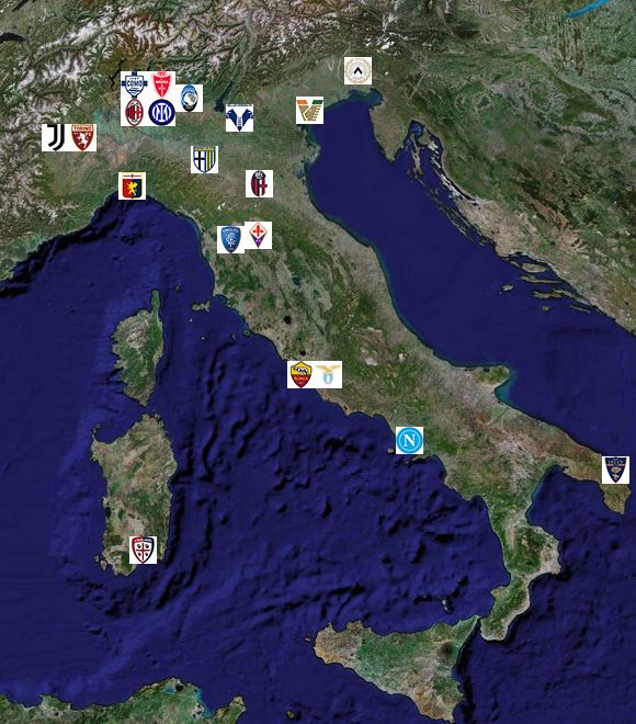 Serie A. Liste et localisation des 20 clubs de Serie A Italienne